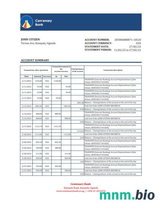 Uganda Cairo wzór wyciągu bankowego w formacie Word i PDF